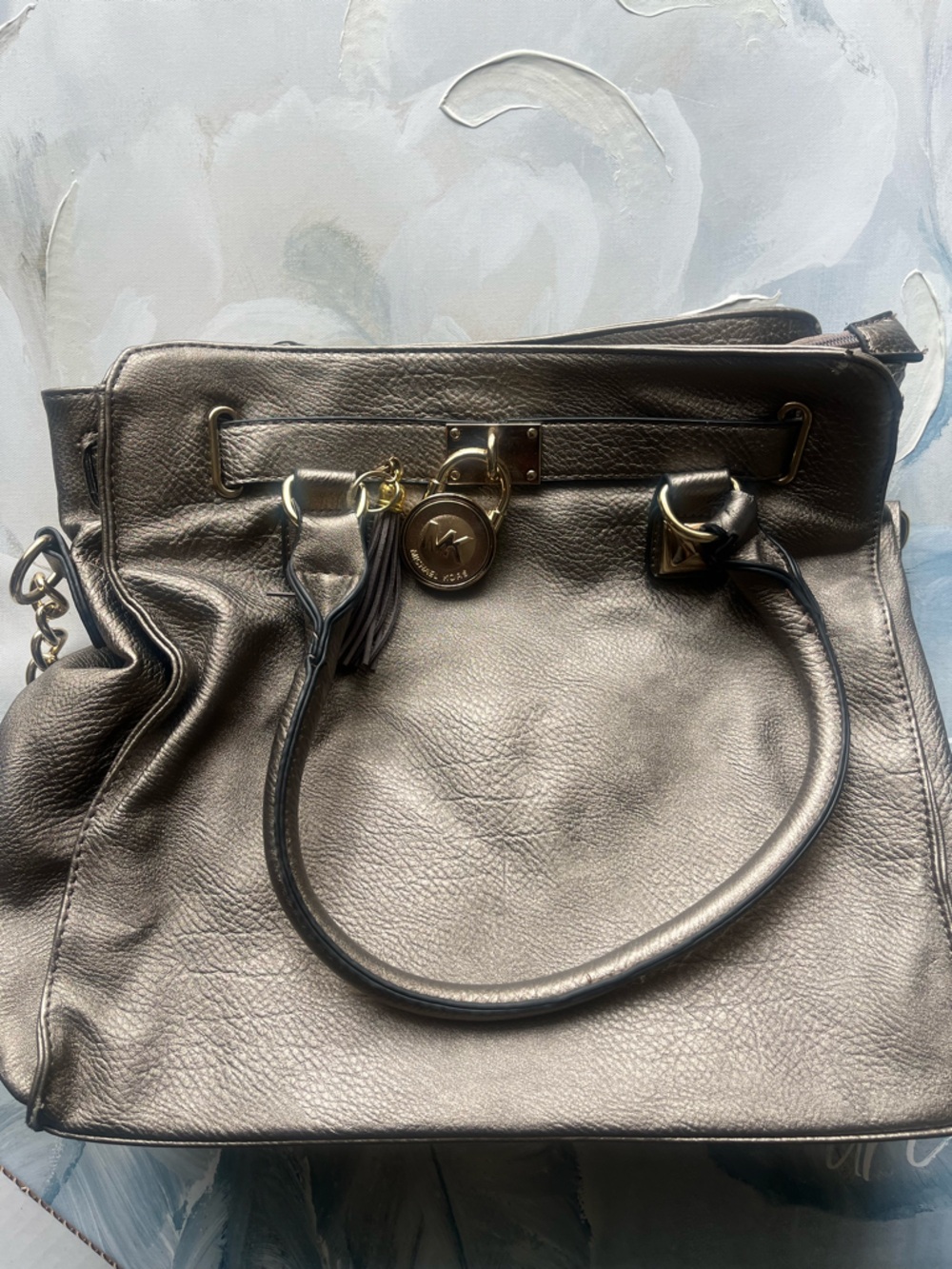 Michael Kors Metallic Pewter Leather Shoulder Tote with Gold Charm